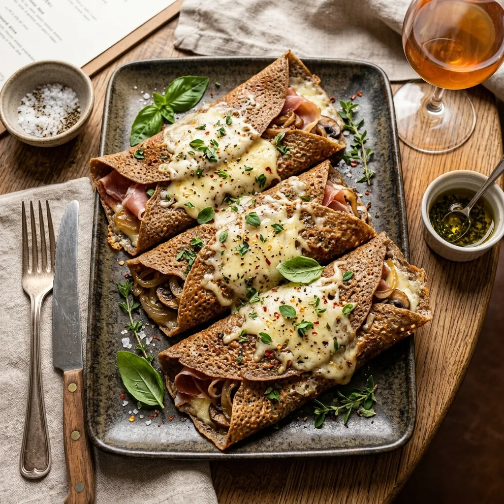 Una galette bretone perfetta con bordi croccanti e colore scuro tipico del grano saraceno