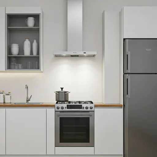 Interno della cucina editoriale con ripiani in marmo e luce naturale